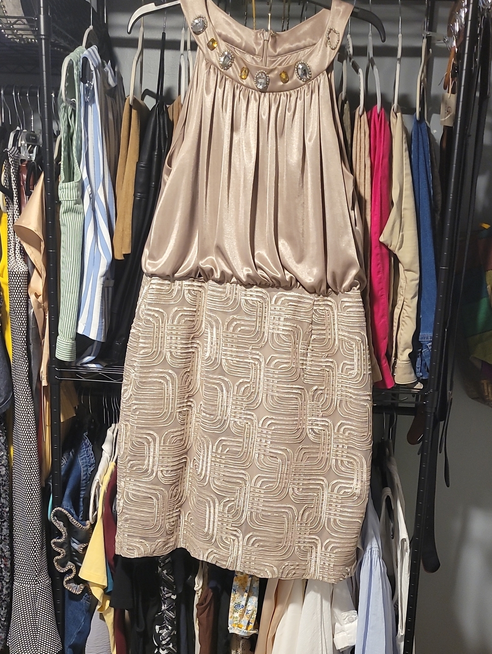 Jessica Howard Beaded Neck Taupe Satin & Embroidered Skirt Women’s Dress
